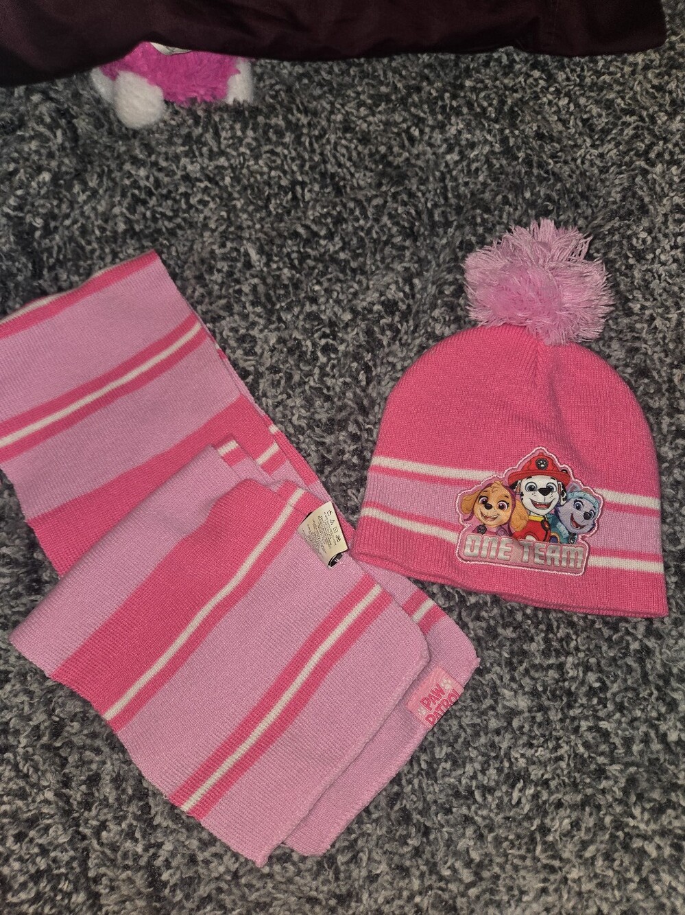 Paw Patrol Pink Striped Beanie with Pom & Matching Scarf Set